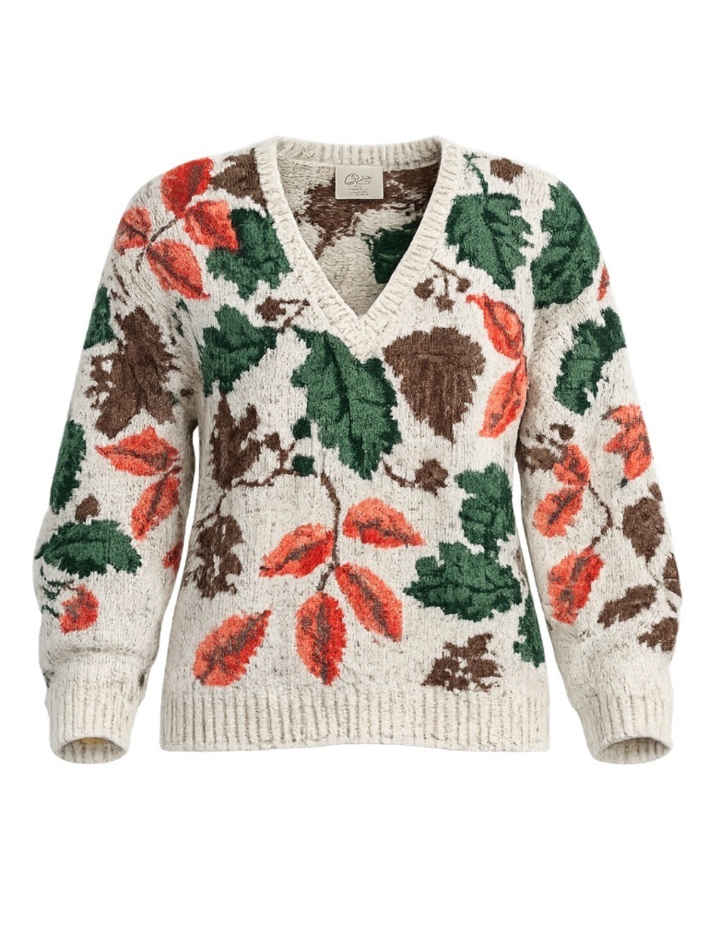 Vintage 90s autumn leaves Oversize Sweater Vneck Womens Medium